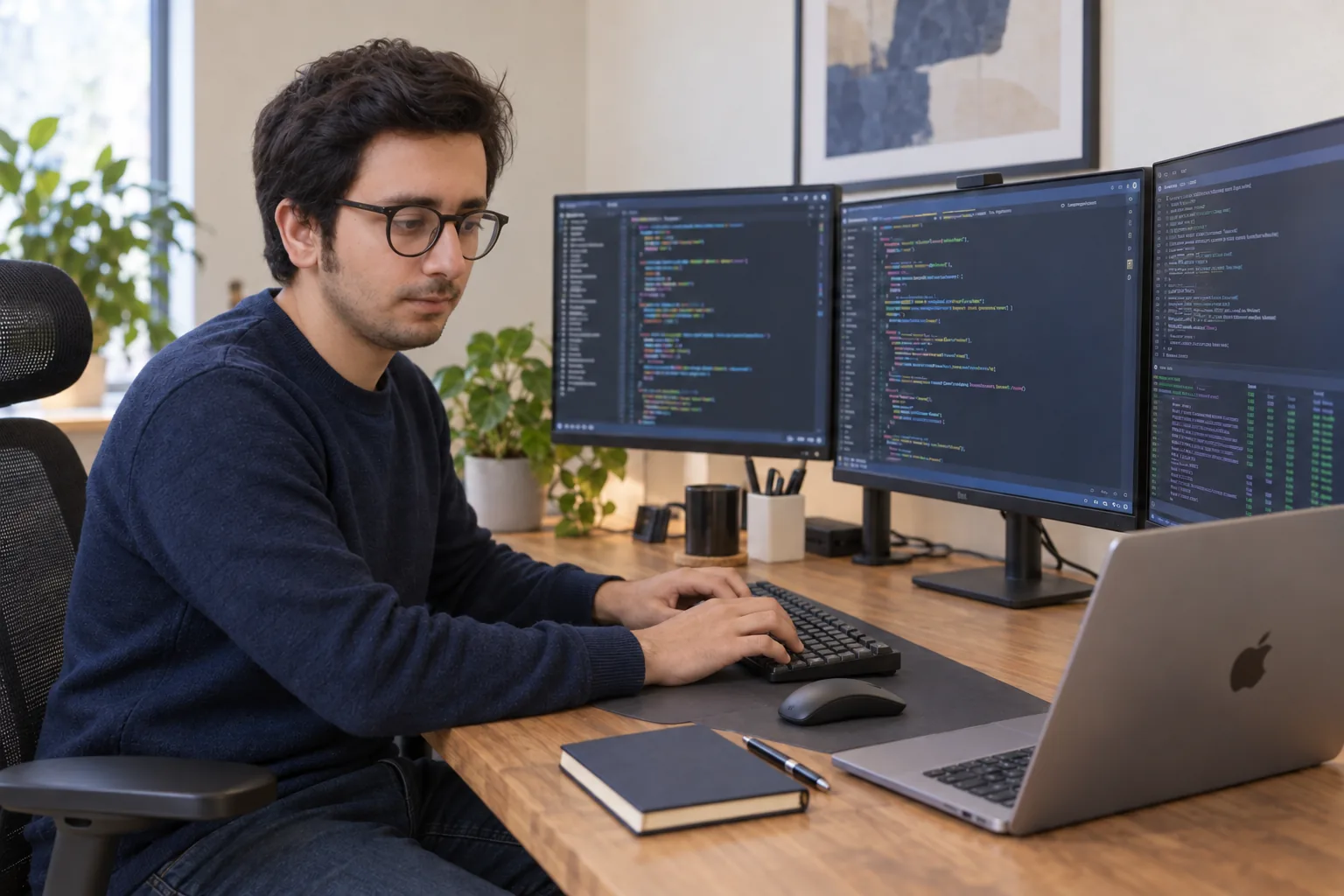 Lakhtey Hussnain coding at his multi-monitor desk